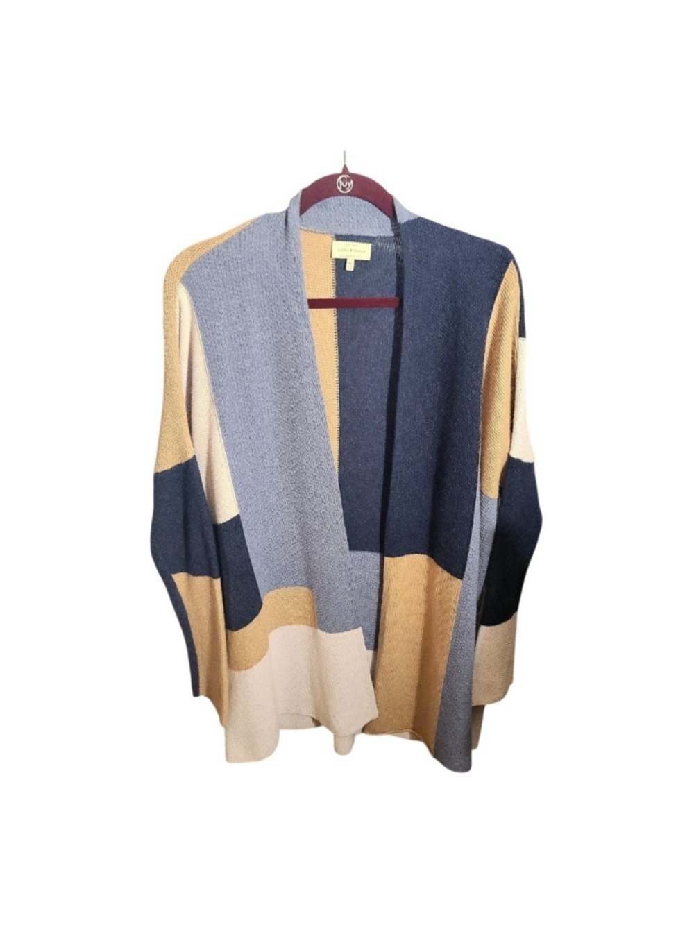 EUC LUCKY BRAND WOMEN'S XL CARDIGAN SWEATER PATCHWORK COLORBLOCK KNIT BOHO OPEN